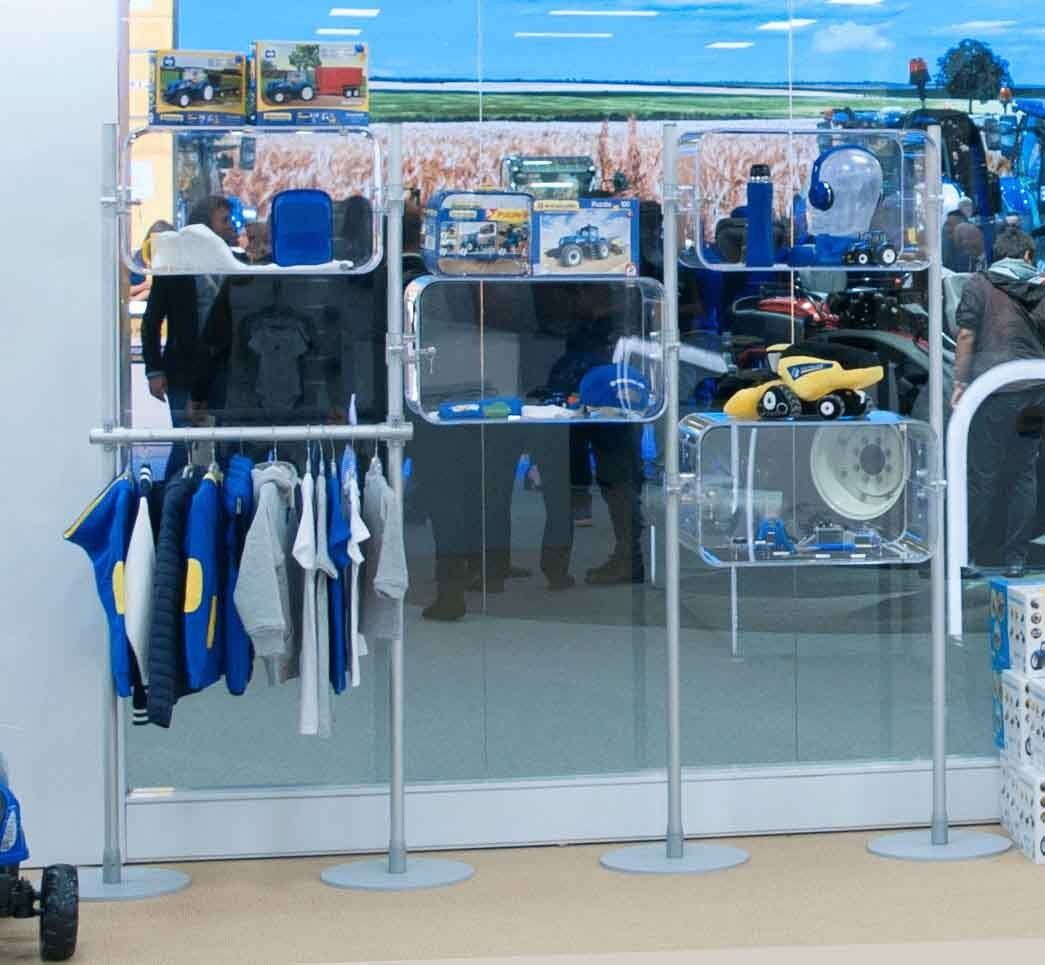 scaffale a mensole e barre appenderia trasparenti componibile per vetrina modulare