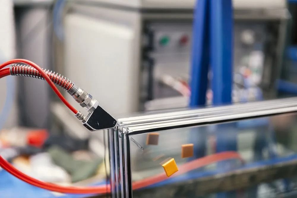 Close-up of a machine applying a sealant to a glass frame. A red hose and metal nozzle are positioned at a corner.