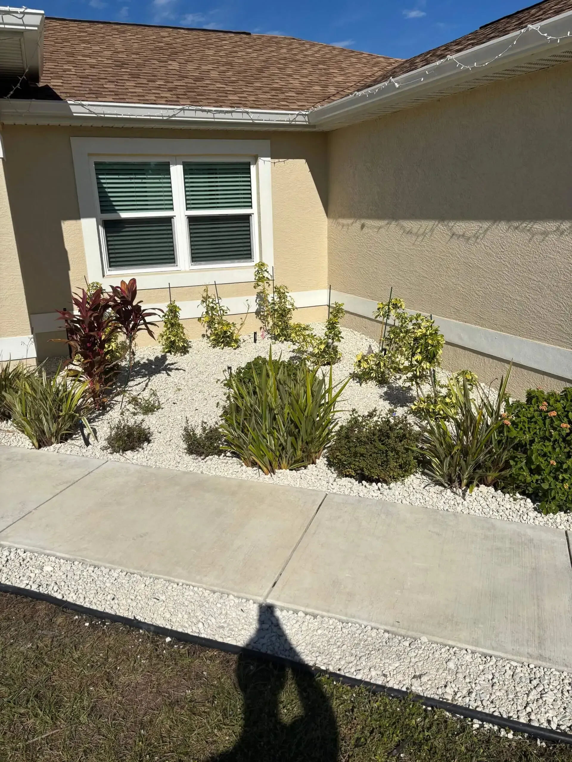 A house exterior with a garden bed filled with plants and white pebbles next to a sidewalk.