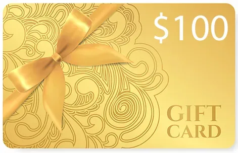 Gold gift card with a bow and the text 