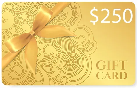 Gold gift card with a bow and $250 value.