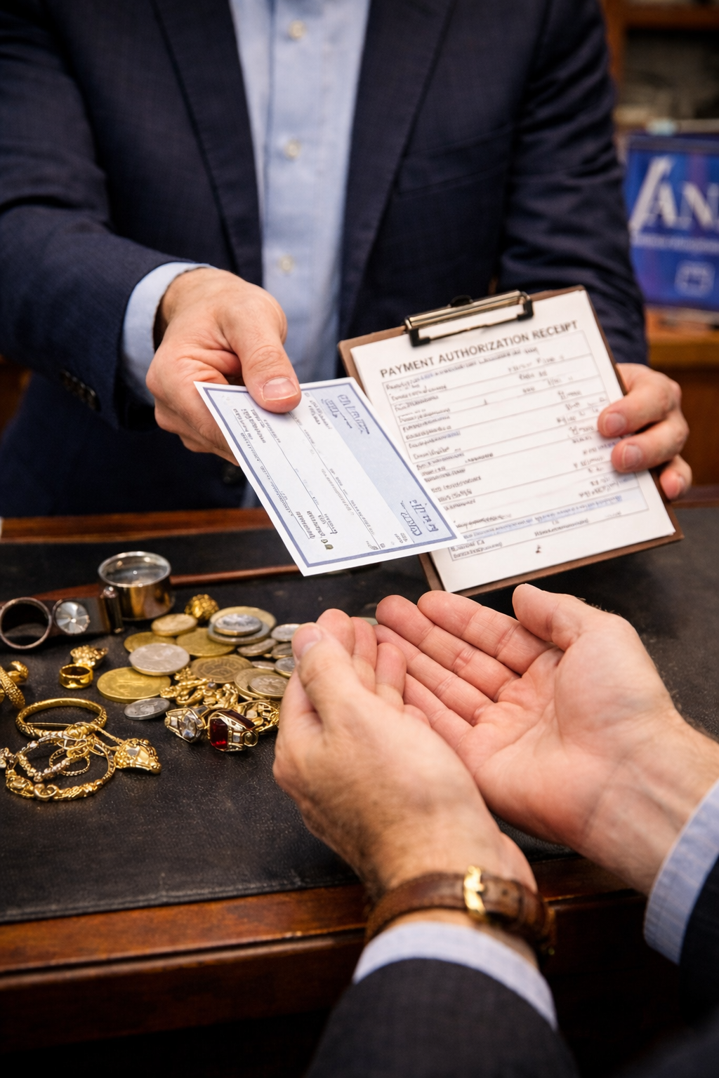 Man examining a detailed vase in a room filled with pottery, number 1.