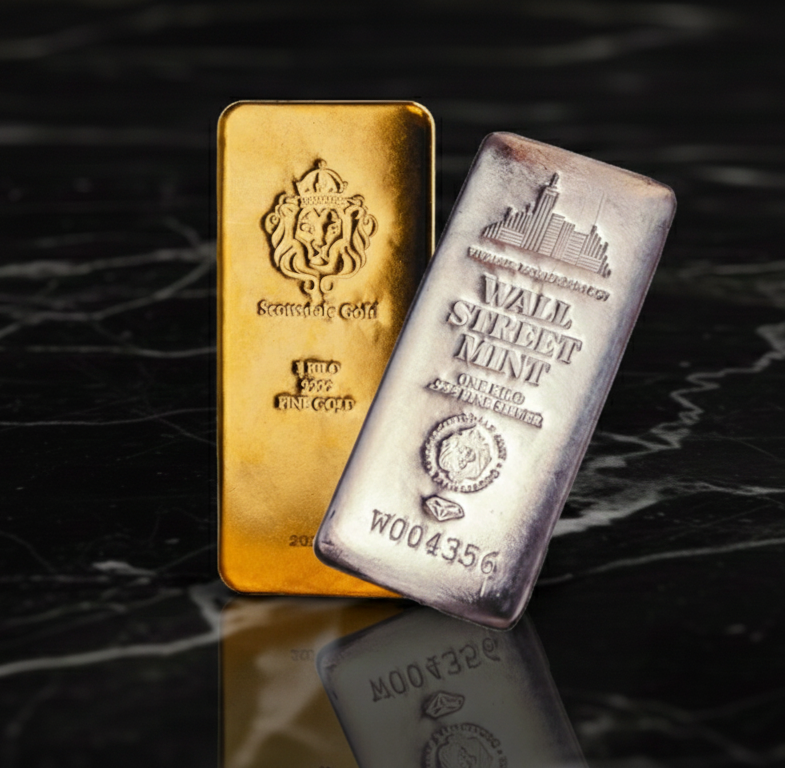 Gold and silver bullion bars displayed on a dark, reflective surface.