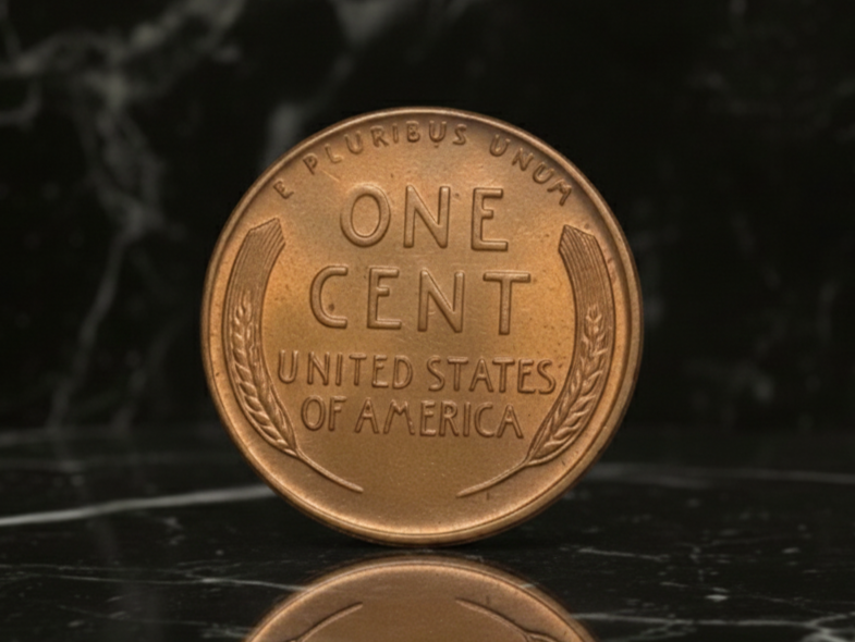 A bronze Lincoln wheat penny on a dark, marbled surface. The text reads 