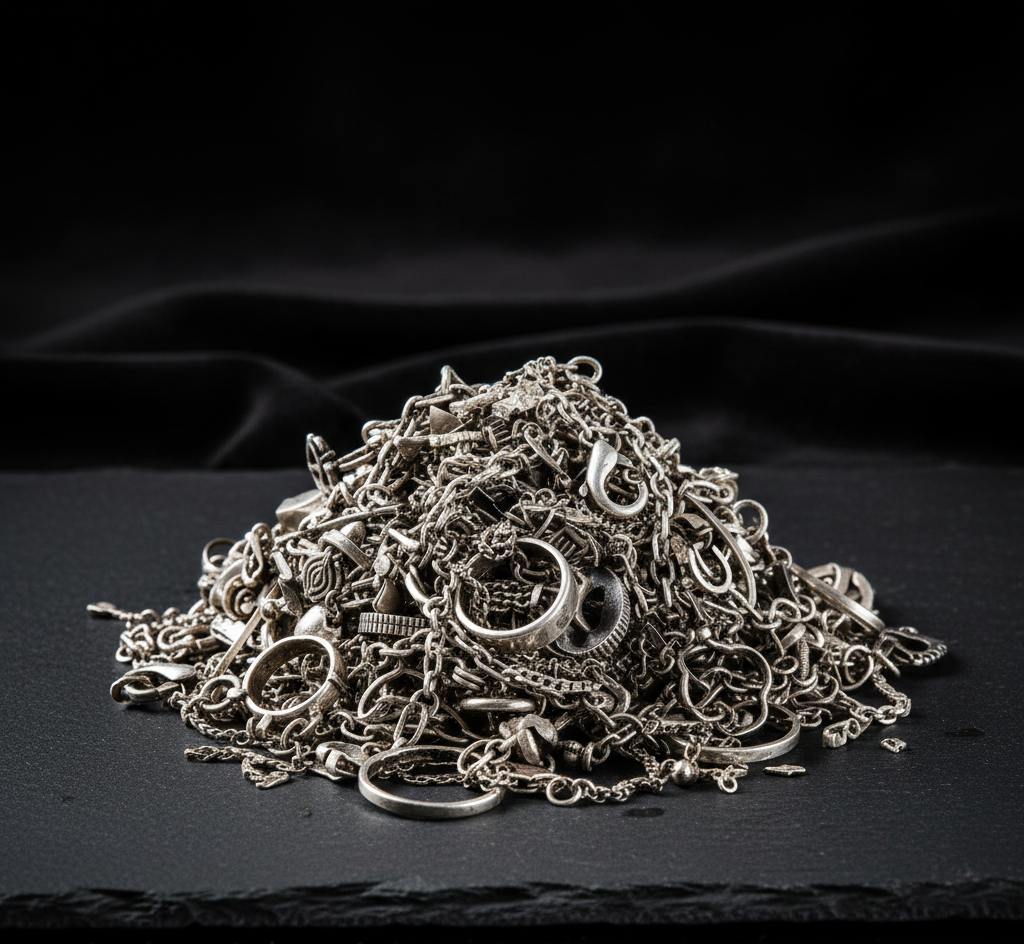 Pile of tangled silver necklaces, chains, and rings on black surface.