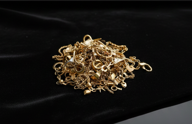 Pile of gold jewelry on black fabric.