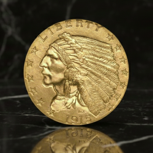 Gold coin with an Indian chief profile and the date 1915.