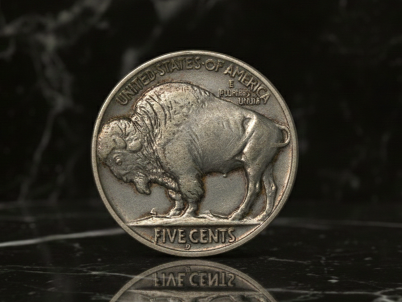 Buffalo nickel coin, showing a bison standing right, inscription 