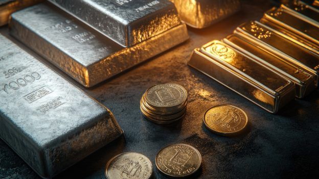 Silver bars, gold bars, and coins on a dark surface, representing wealth.