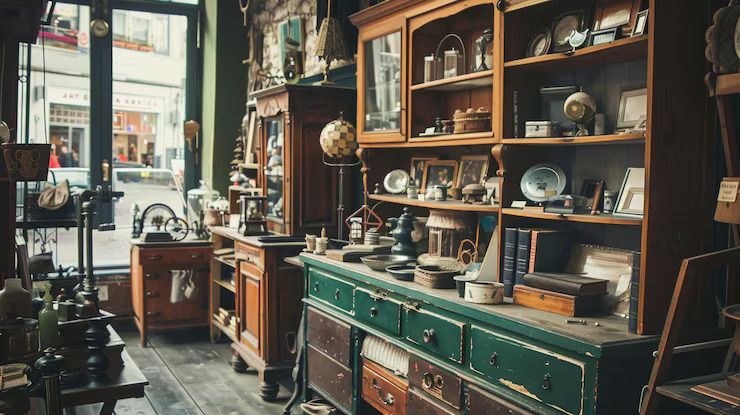 Antique shop interior filled with wooden furniture, shelves displaying various objects. Street view visible through window.