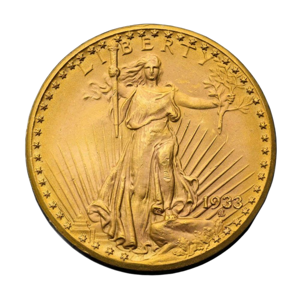 Gold 1933 Saint-Gaudens Double Eagle coin with Lady Liberty holding a torch and olive branch.