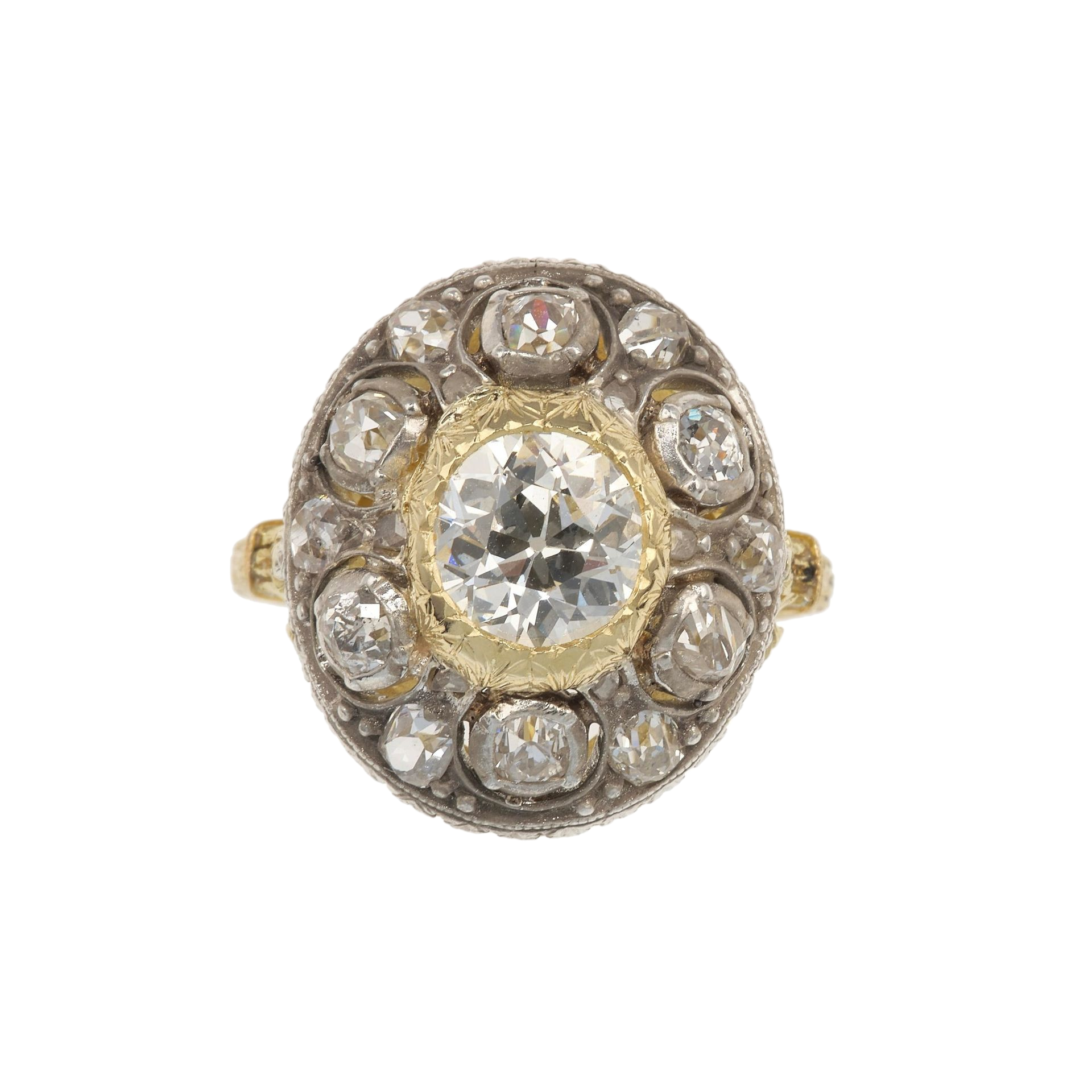 Diamond halo ring with a central diamond, surrounded by smaller diamonds, gold band.