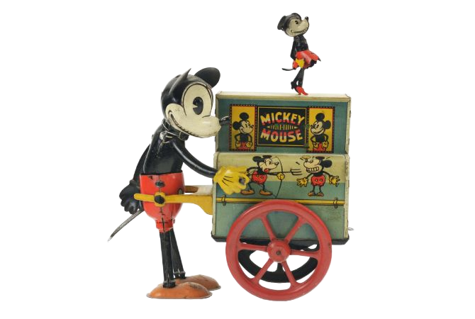 Vintage Mickey Mouse toy with a cart and dancing figure. Red, black, yellow, and turquoise colors.