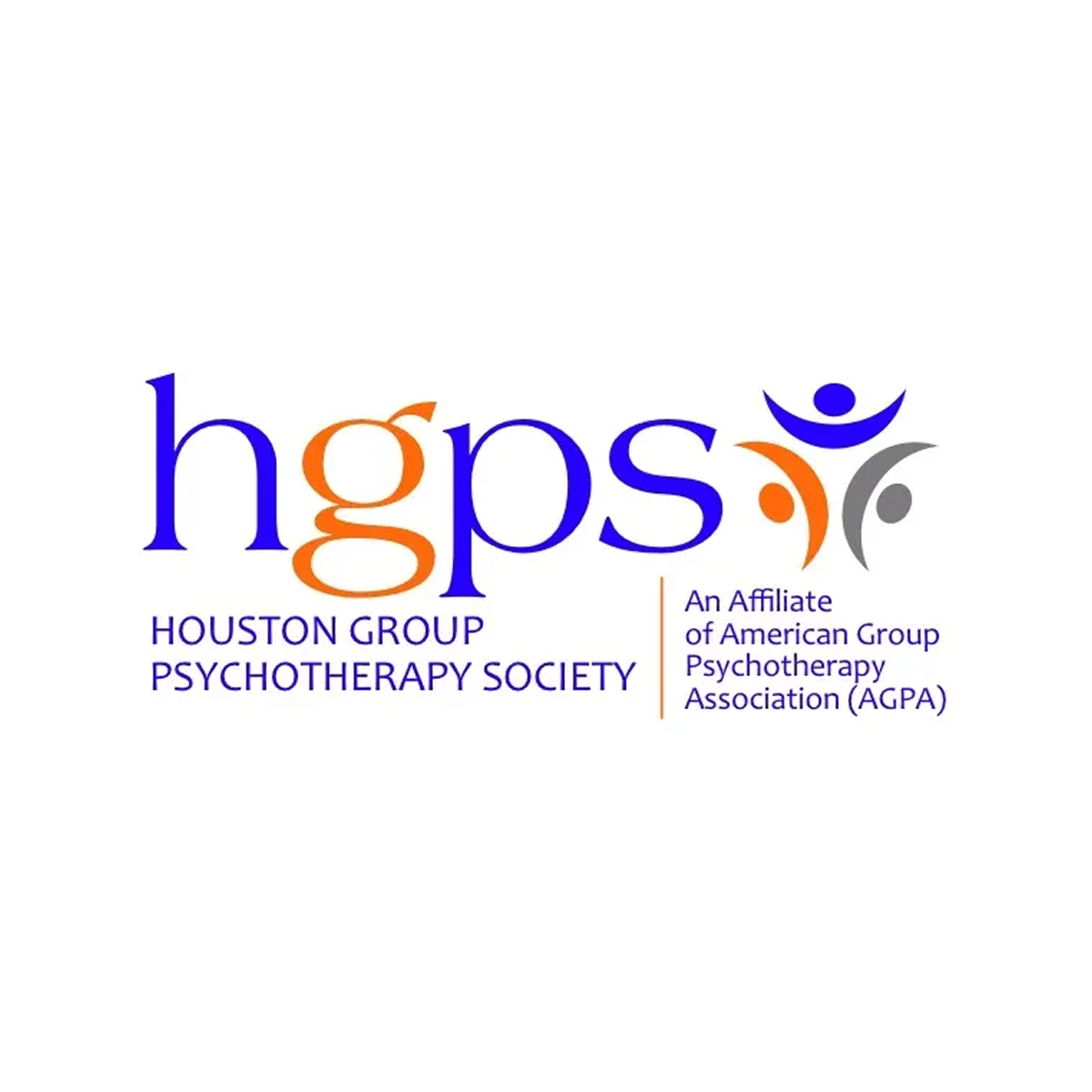 Houston Group Psychotherapy Society logo in purple, gold, and orange with AGPA affiliation text