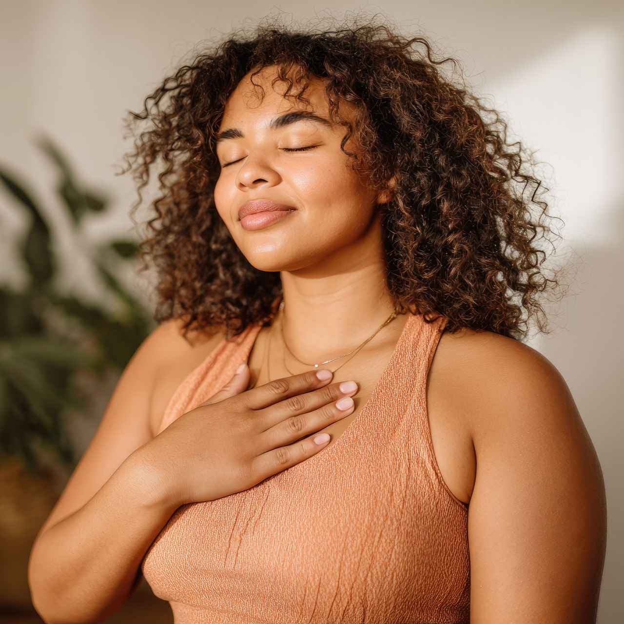 Woman with curly hair resting a hand on her chest, eyes closed, in a warm indoor portrait
