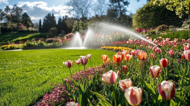 A lawn and flower bed with colorful tulips, featuring a sprinkler spraying water across a sunny garden park.