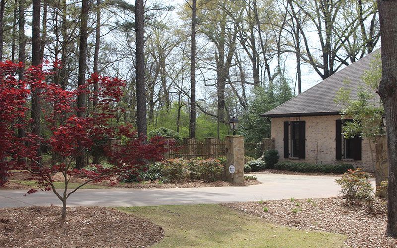 A brick house with a dark roof sits in a wooded landscape with a circular driveway and a small red Japanese maple tree.