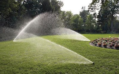 A lawn sprinkler sprays water over a green grass yard near a flower bed, with trees in the background.