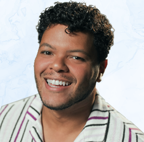 Image of male supply chain recruiter in front of blue watercolor background