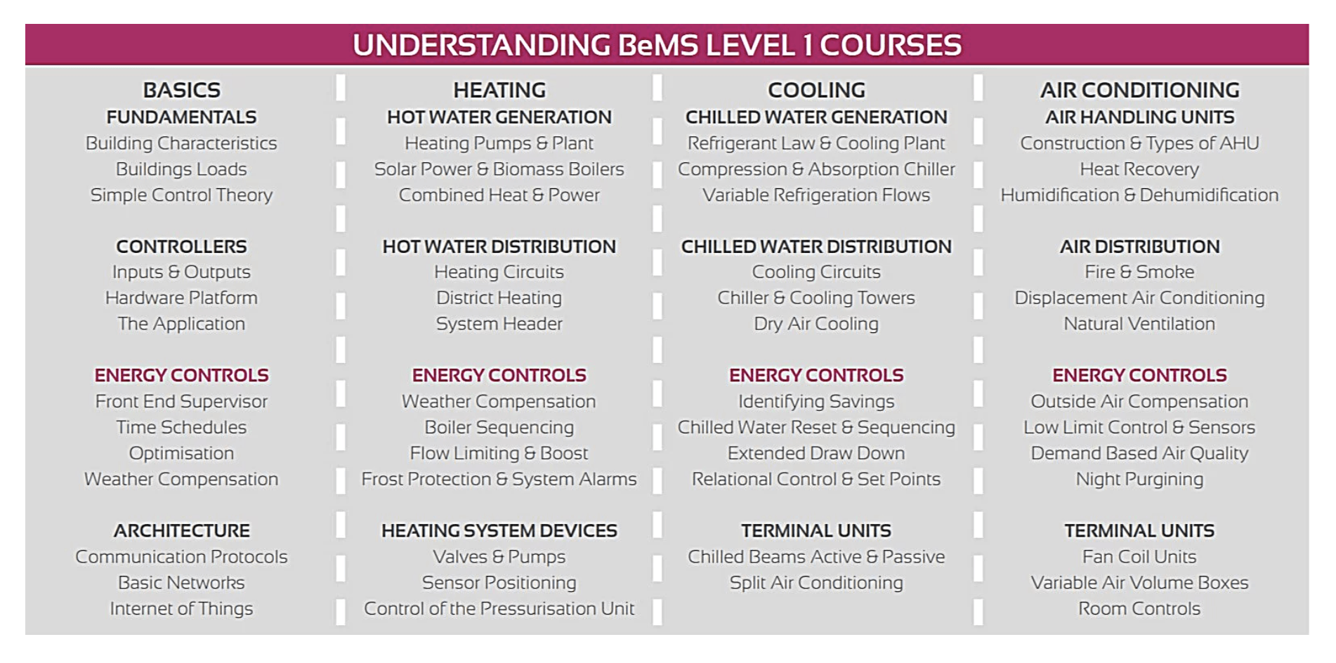 BeMS Level 1 Course Table