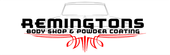Remingtons body shop powder coating logo with black text and red script on a white background