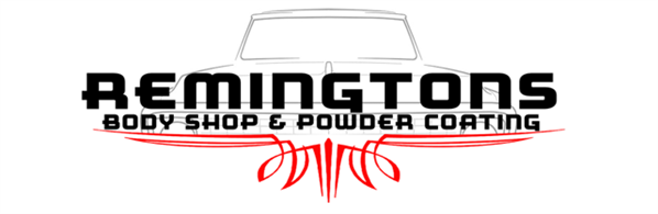 Remingtons body shop powder coating logo with black text and red script on a white background