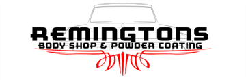Remingtons body shop powder coating logo with black text and red script on a white background