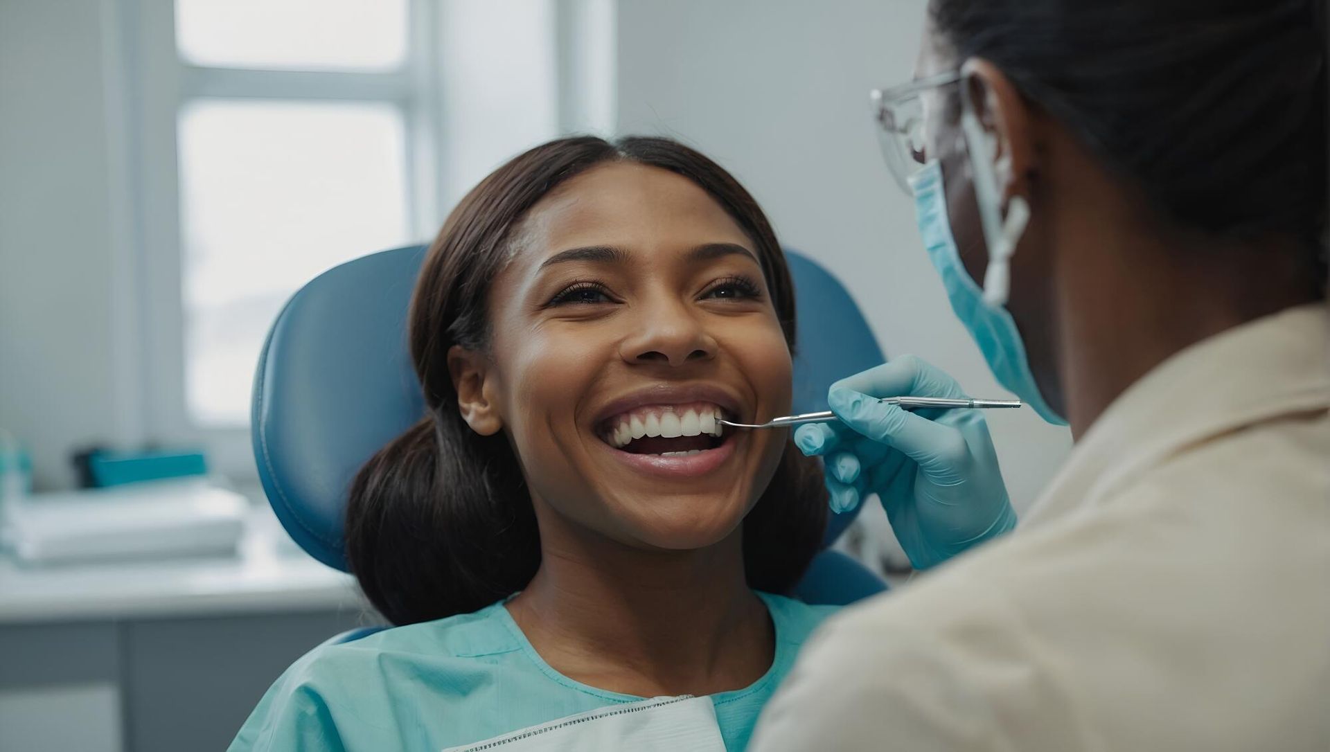 A woman is sitting in a dental chair while a dentist examines her teeth.