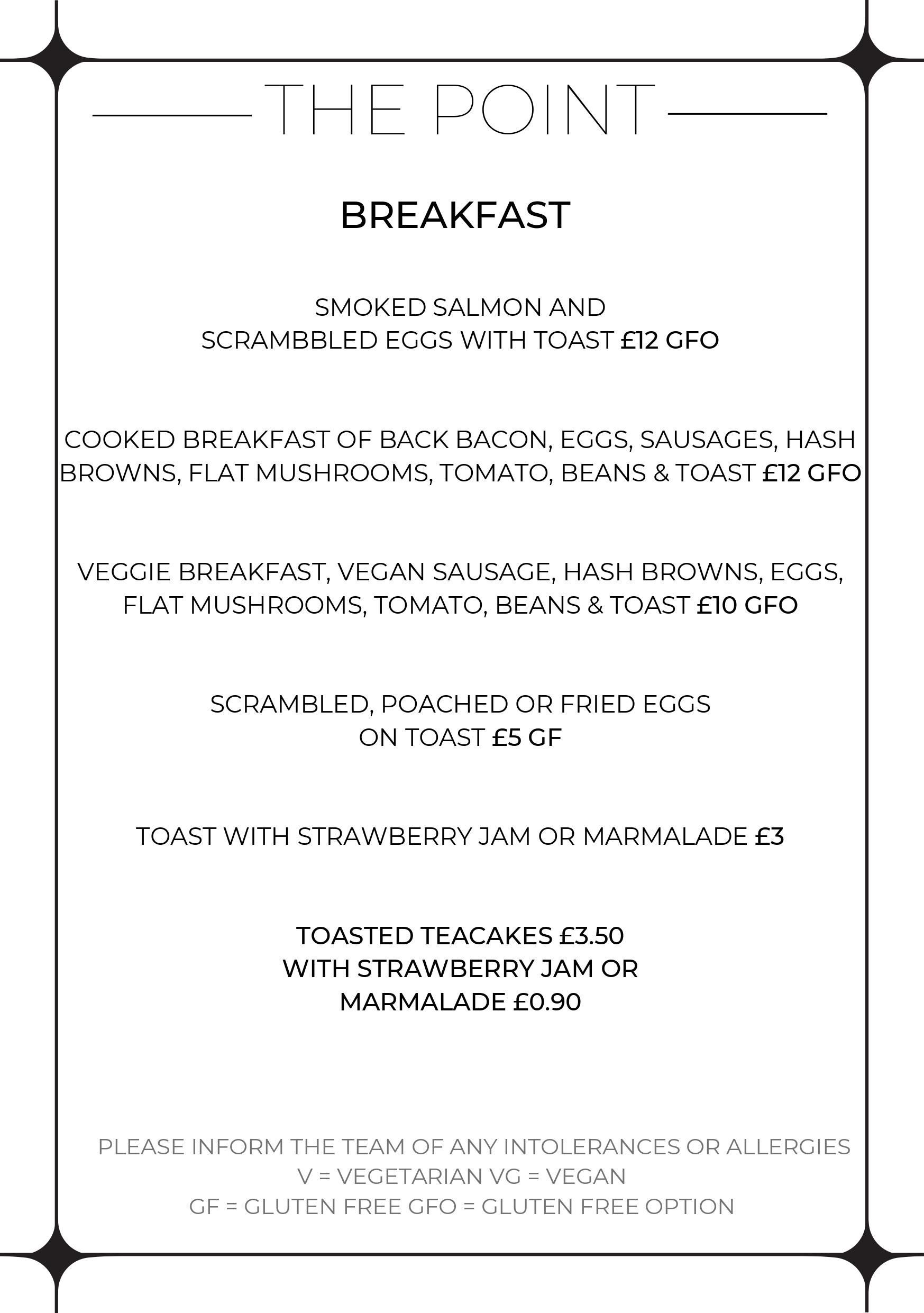Breakfast menu in black writing, on a white background with gps coordinates.