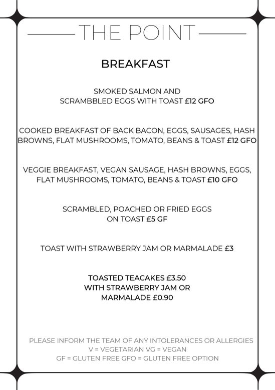 Breakfast menu in black writing, on a white background with gps coordinates.