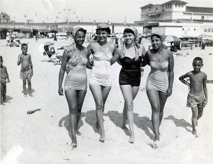 Women strolling on segregated Chicken Bone Beach in Atlantic City.