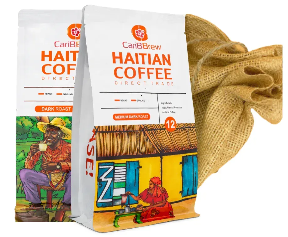 two bags of haitian coffee are sitting next to each other
