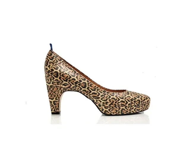 a pair of leopard print heels on a white background