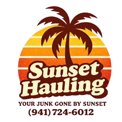 Logo for Sunset Hauling with a palm tree, sunset graphic, company name, tagline, and phone number (941) 724-6012.