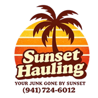 Logo for Sunset Hauling with a palm tree, sunset graphic, company name, tagline, and phone number (941) 724-6012.