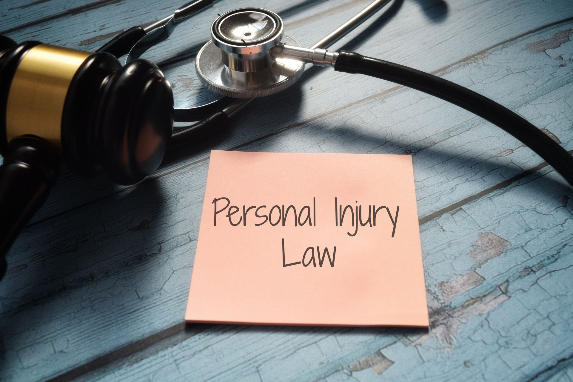 A stethoscope and a sticky note that says personal injury law