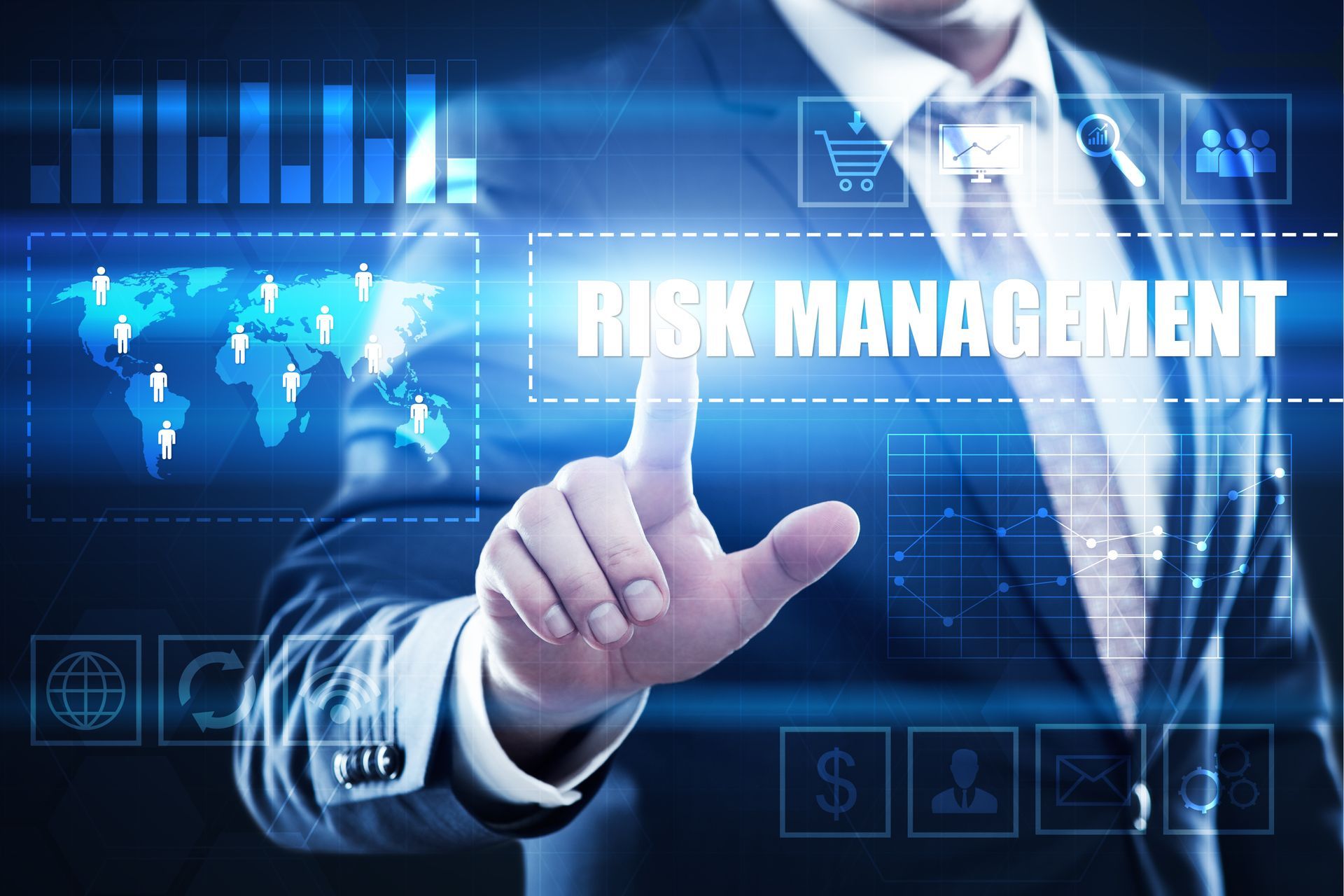 A man in a suit is pressing a button that says risk management