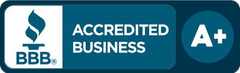 A blue button that says accredited business a+