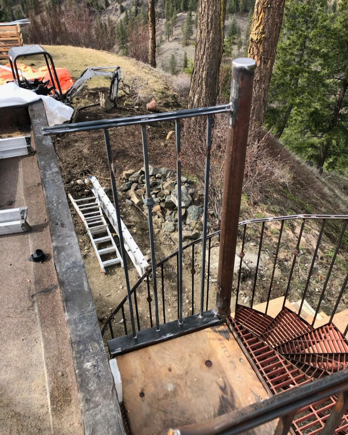 A spiral staircase with a metal railing and a ladder on the side of it.