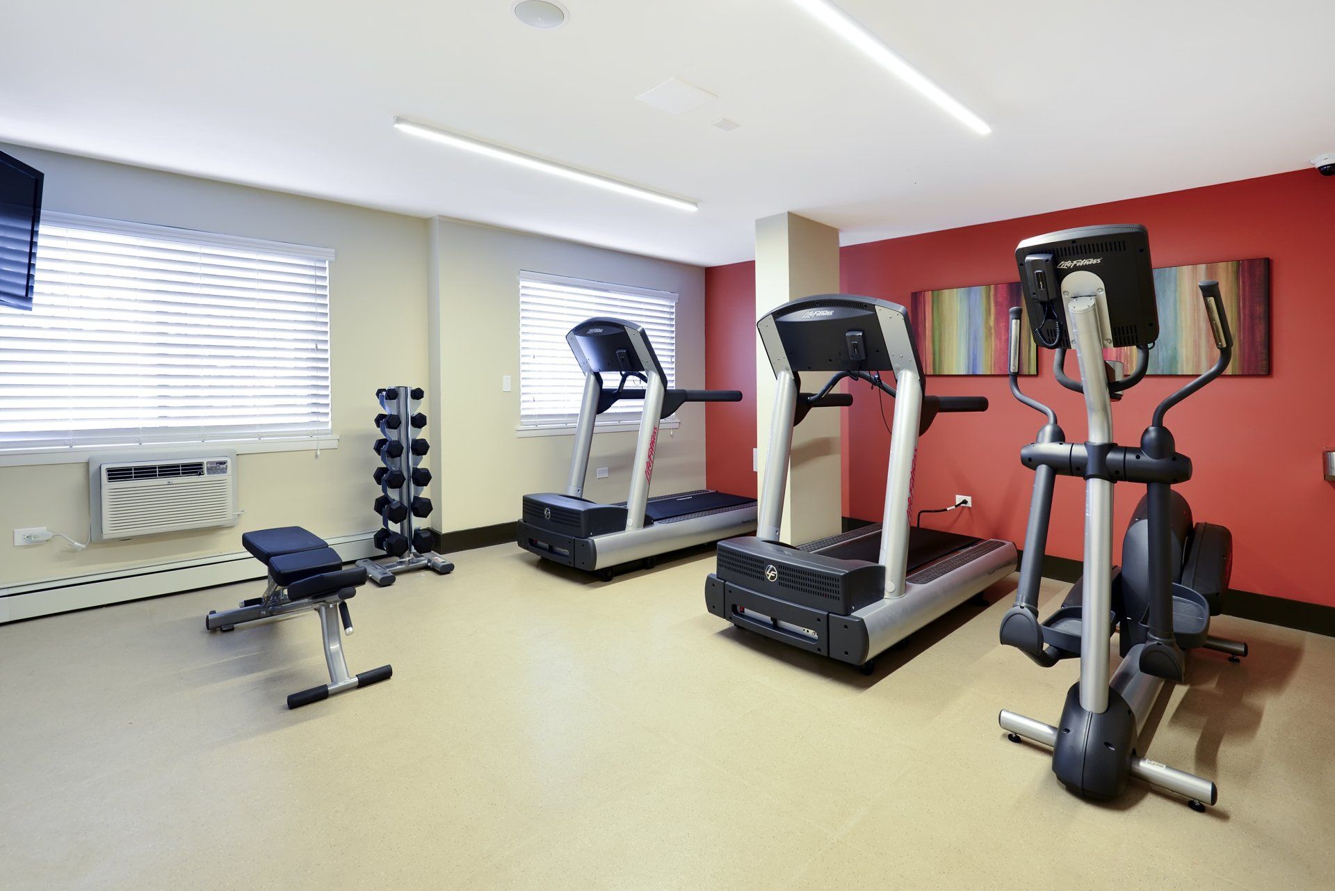 A gym with treadmills , ellipticals and a bench at Reside on Stratford.