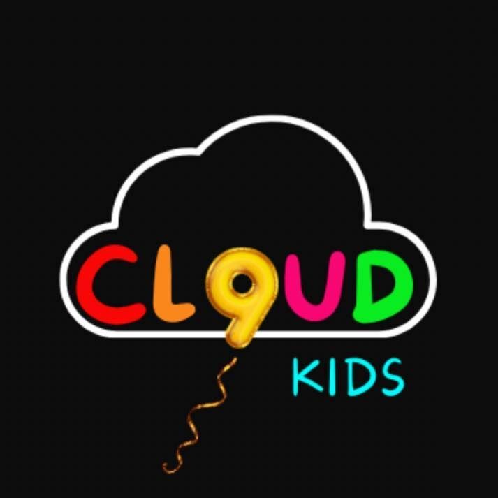 a colorful logo for cloud kids with a balloon in the shape of the number 9