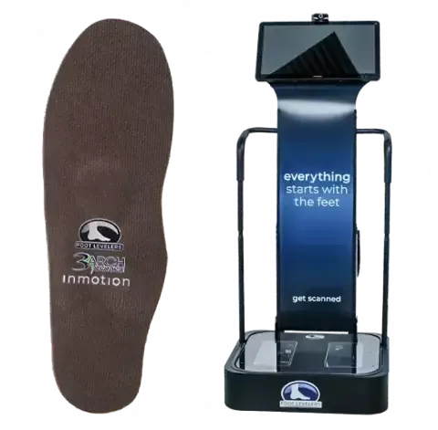 Insole next to a foot scanner with the words