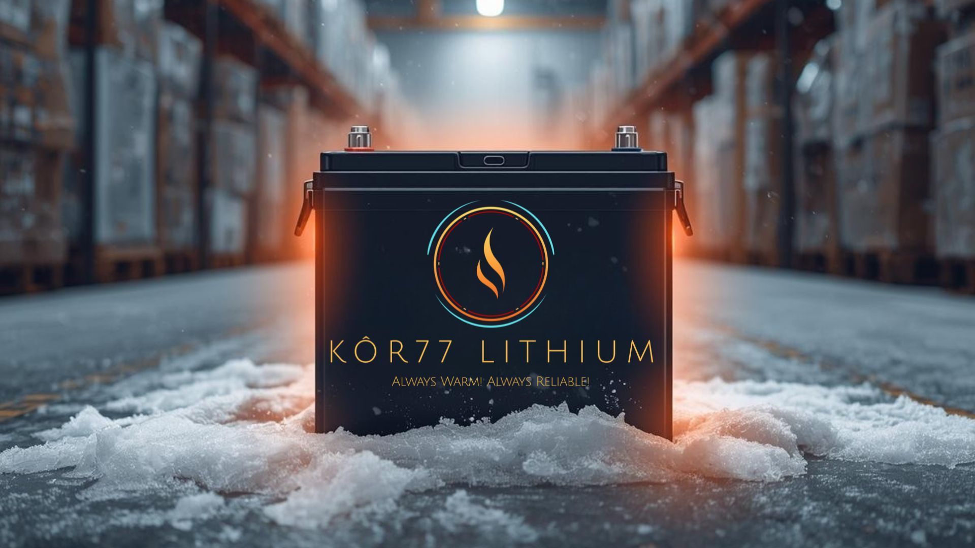 A glowing KOR77 Lithium battery in a snowy warehouse setting.