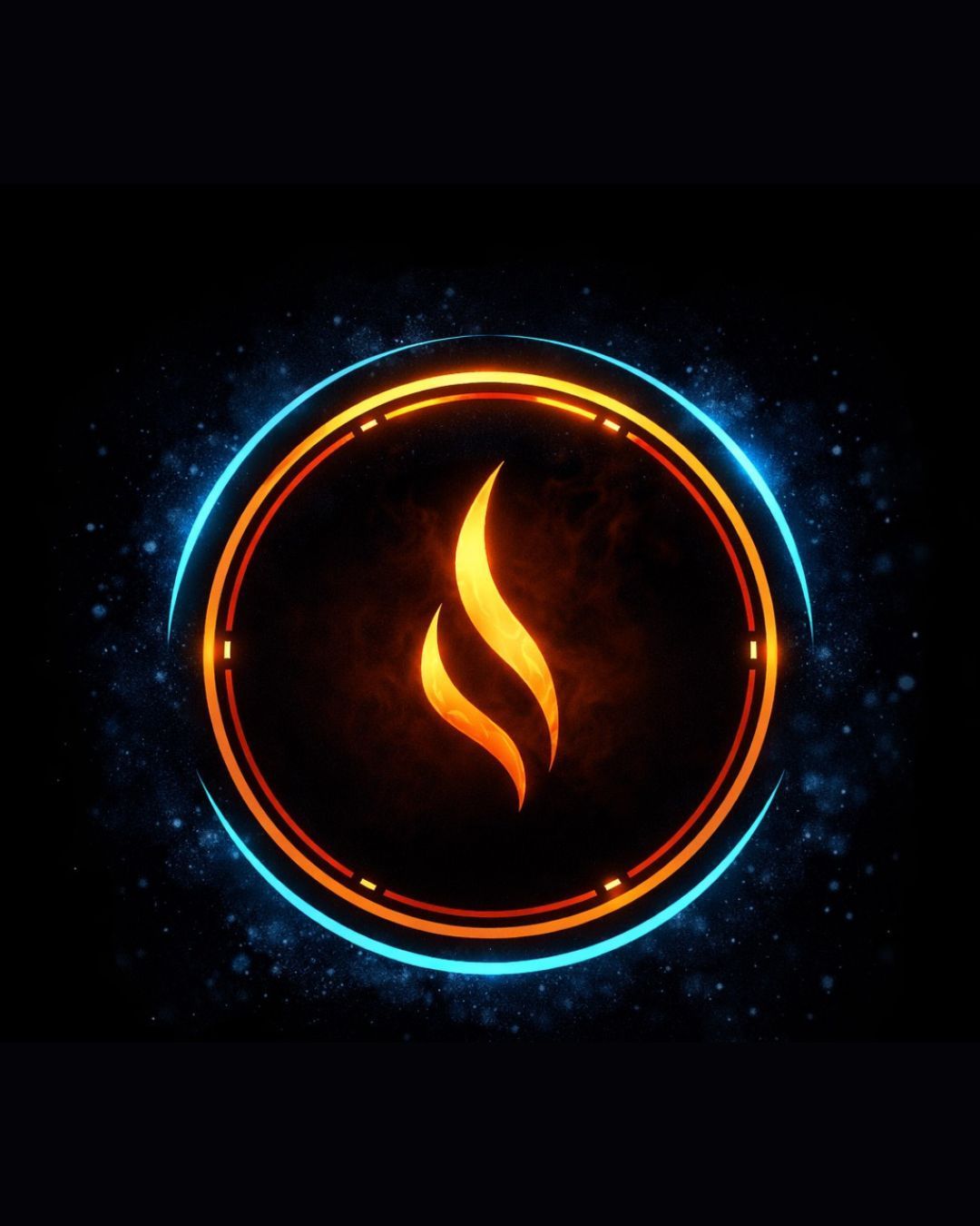 Glowing flame icon inside a circle with orange and blue light effects, dark background.