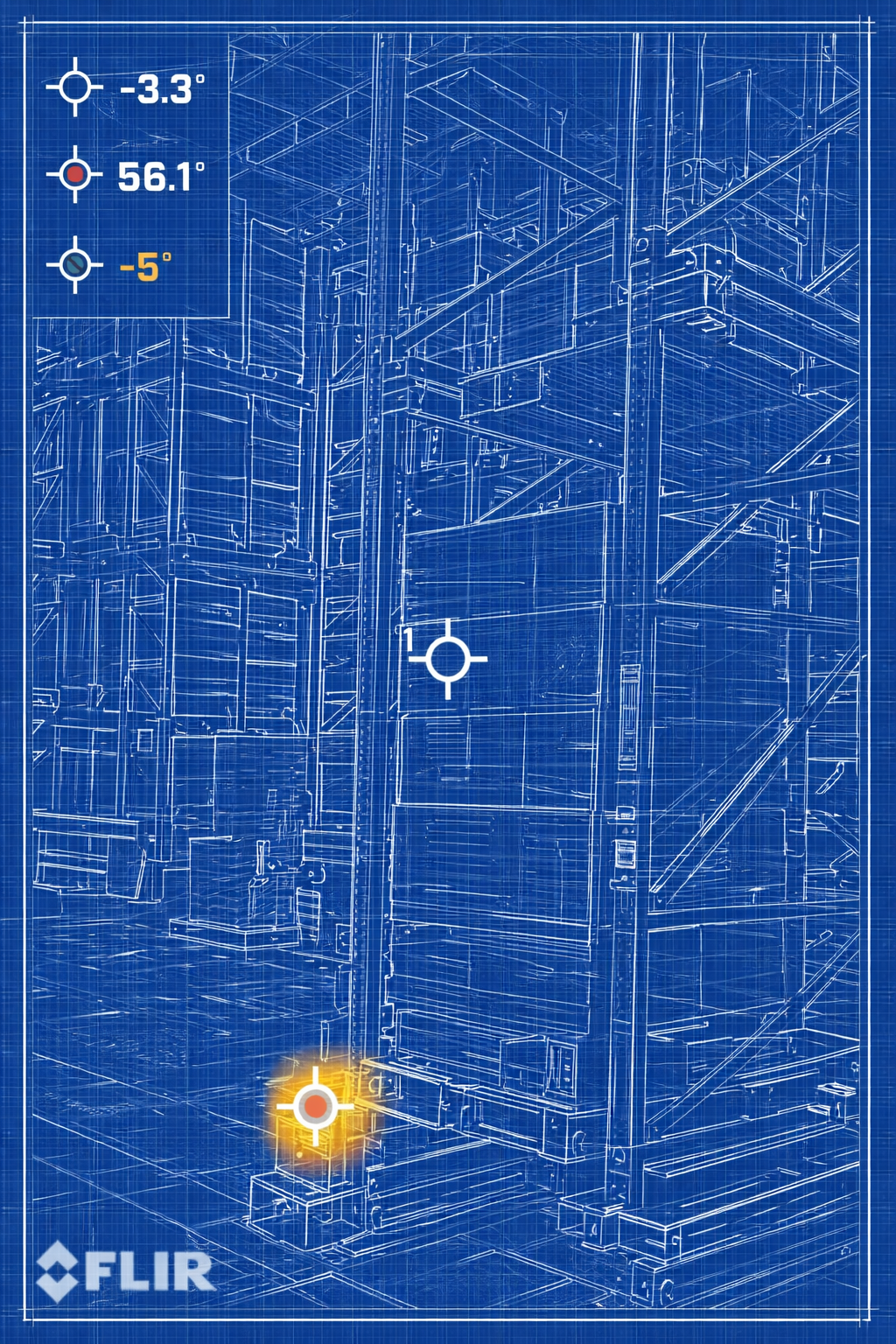 Blueprint of warehouse shelving with a thermal reading indicator near the bottom left.