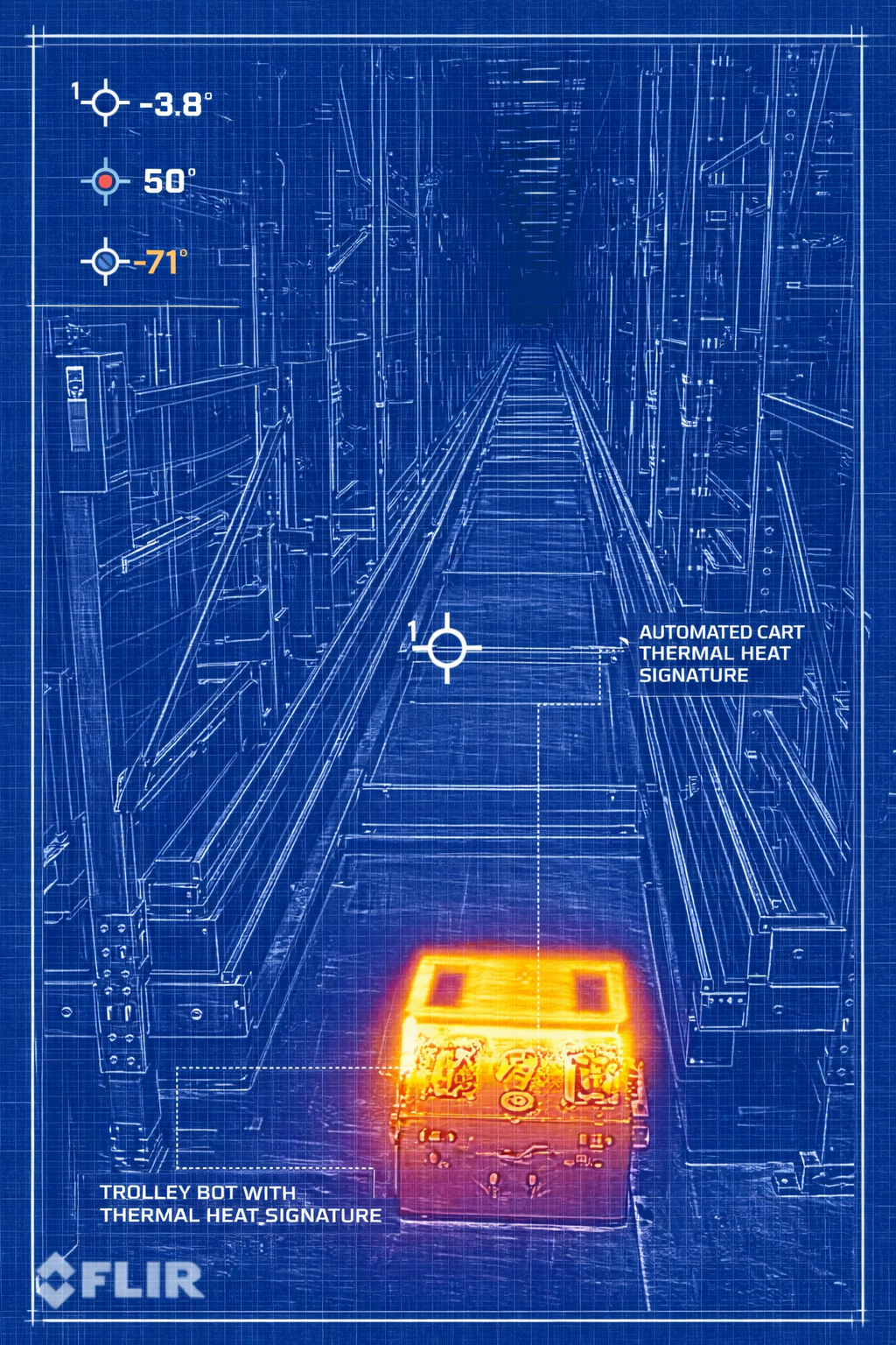 Thermal image of a warehouse aisle. A bright, orange pallet is in the center with a crosshair above.