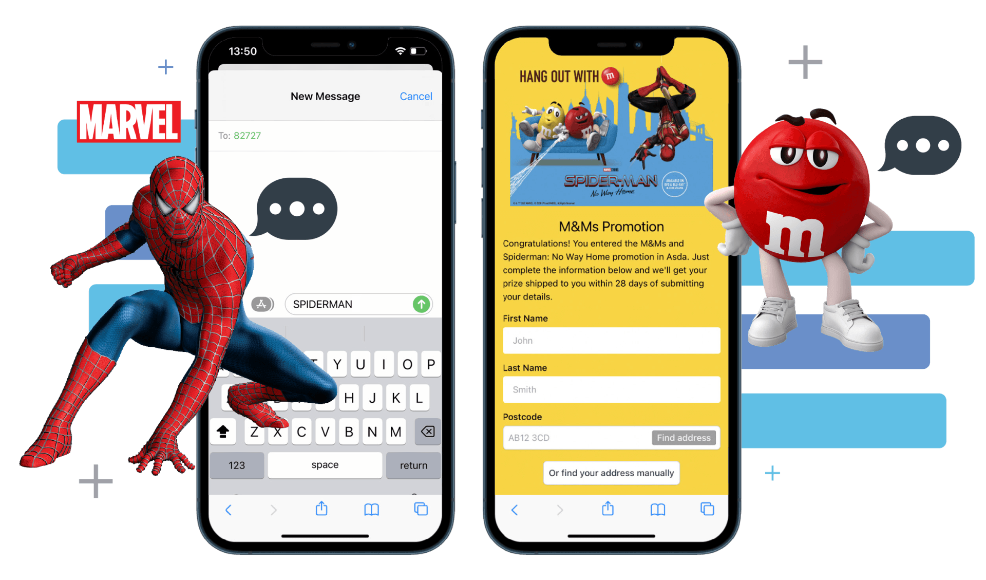 Marvel and M&Ms text to give mobile screenshots