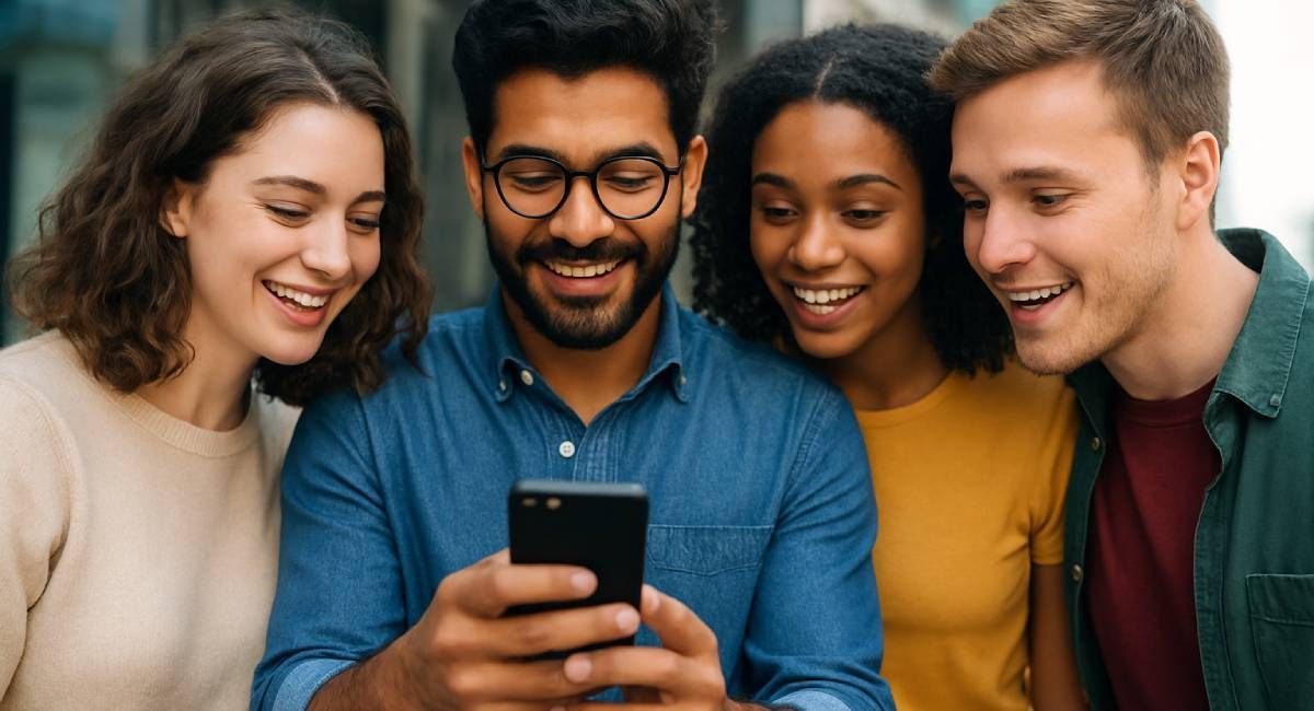 A group of friends smiling as they look at something shared on a mobile phone