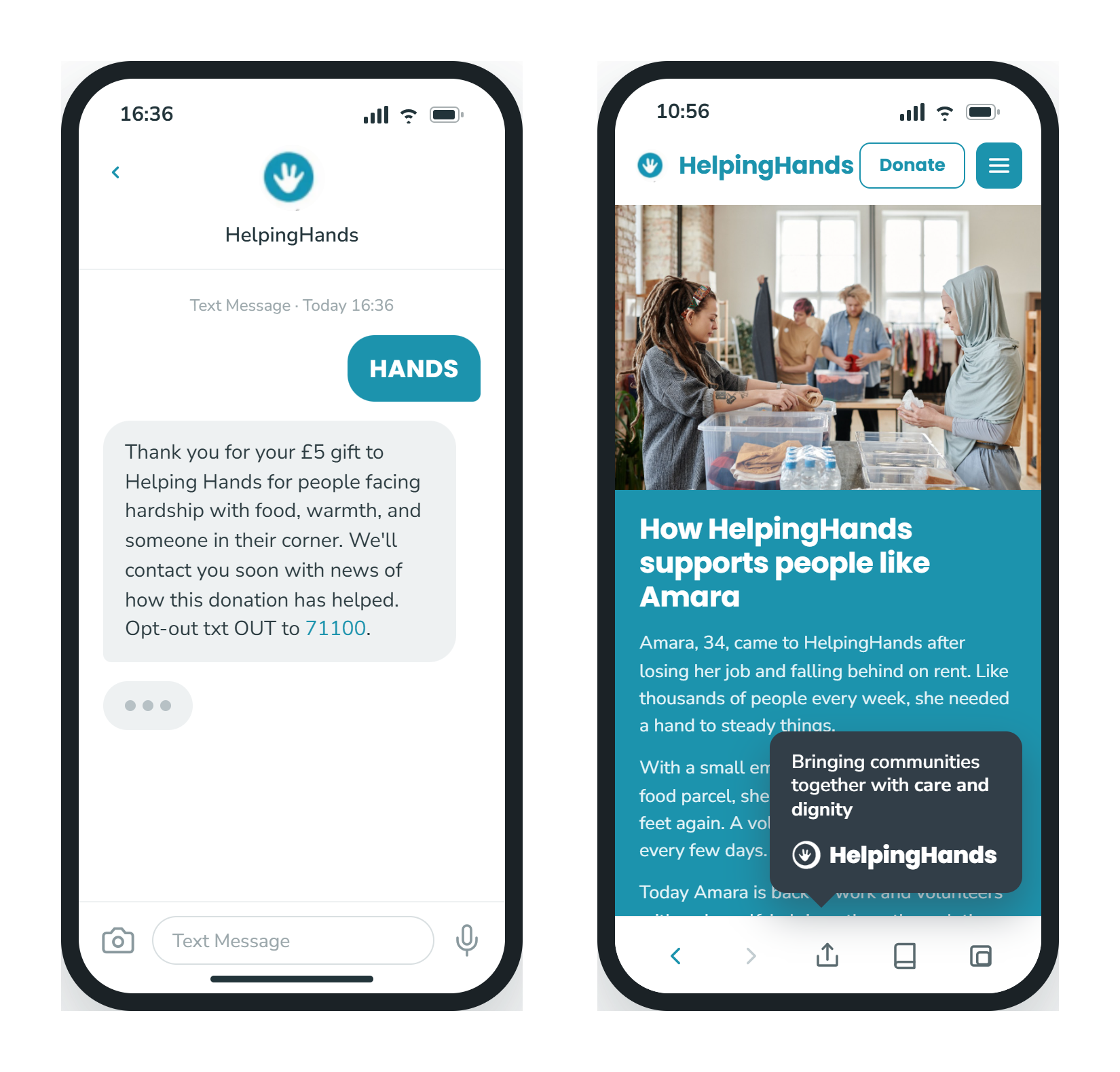 A thank-you message for a text-to-donate gift and a follow-up on how the donation has had an impact