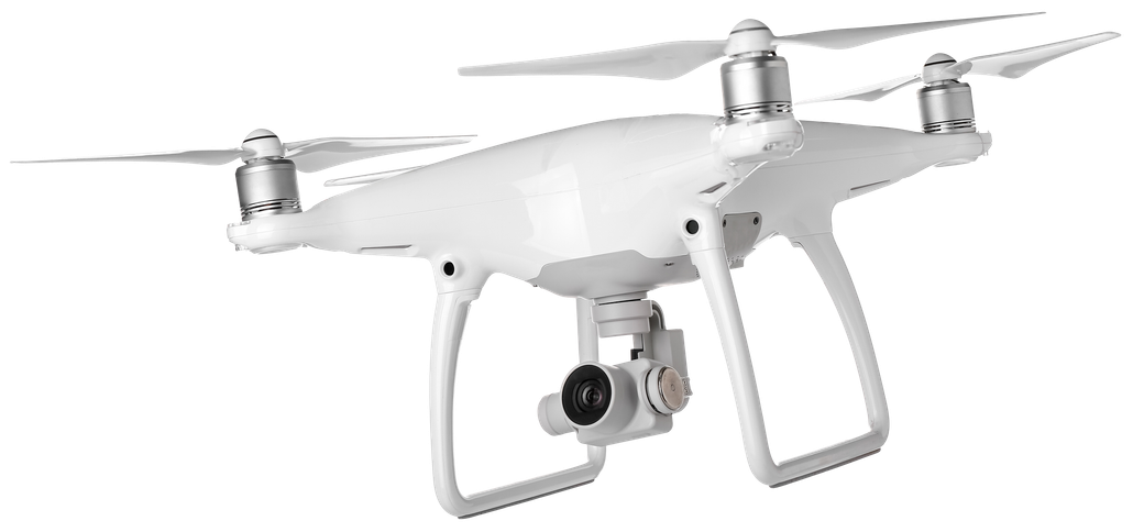 A white drone with a camera attached to it is flying in the air.